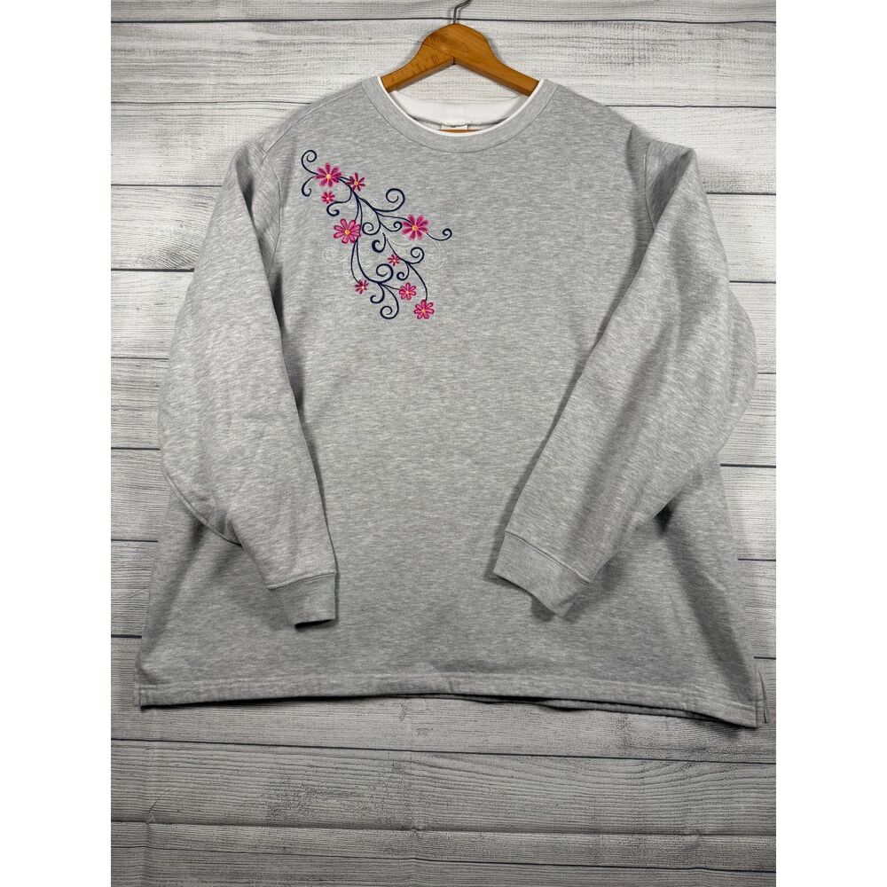 Blair Womens 3XL Gray Pink Floral Embroidered Crewneck Sweatshirt 4058